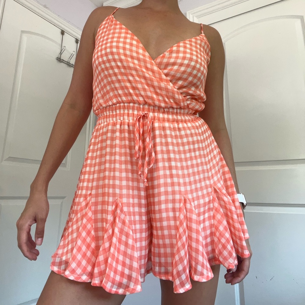 Salmon gingham romper